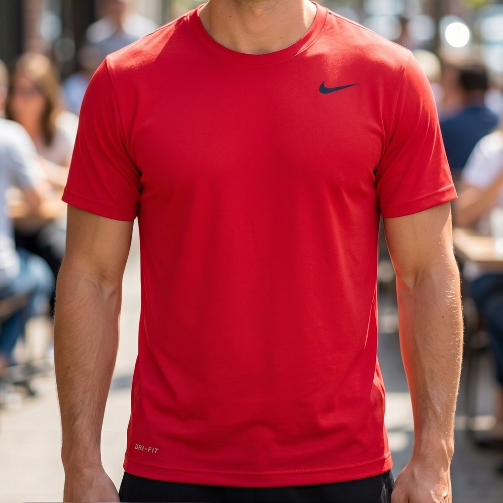 Nike Dri-FIT Mens Short‎ Sleeve Athletic Training T-Shirt Red Black Swoosh Logo